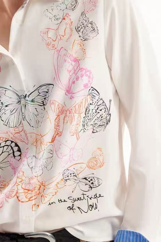 White Butterfly Print Button-Down Shirt with Striped Cuffs