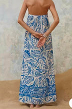 Tropical Leaf Print Strapless Maxi Dress