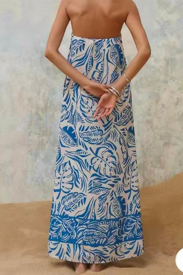 Tropical Leaf Print Strapless Maxi Dress