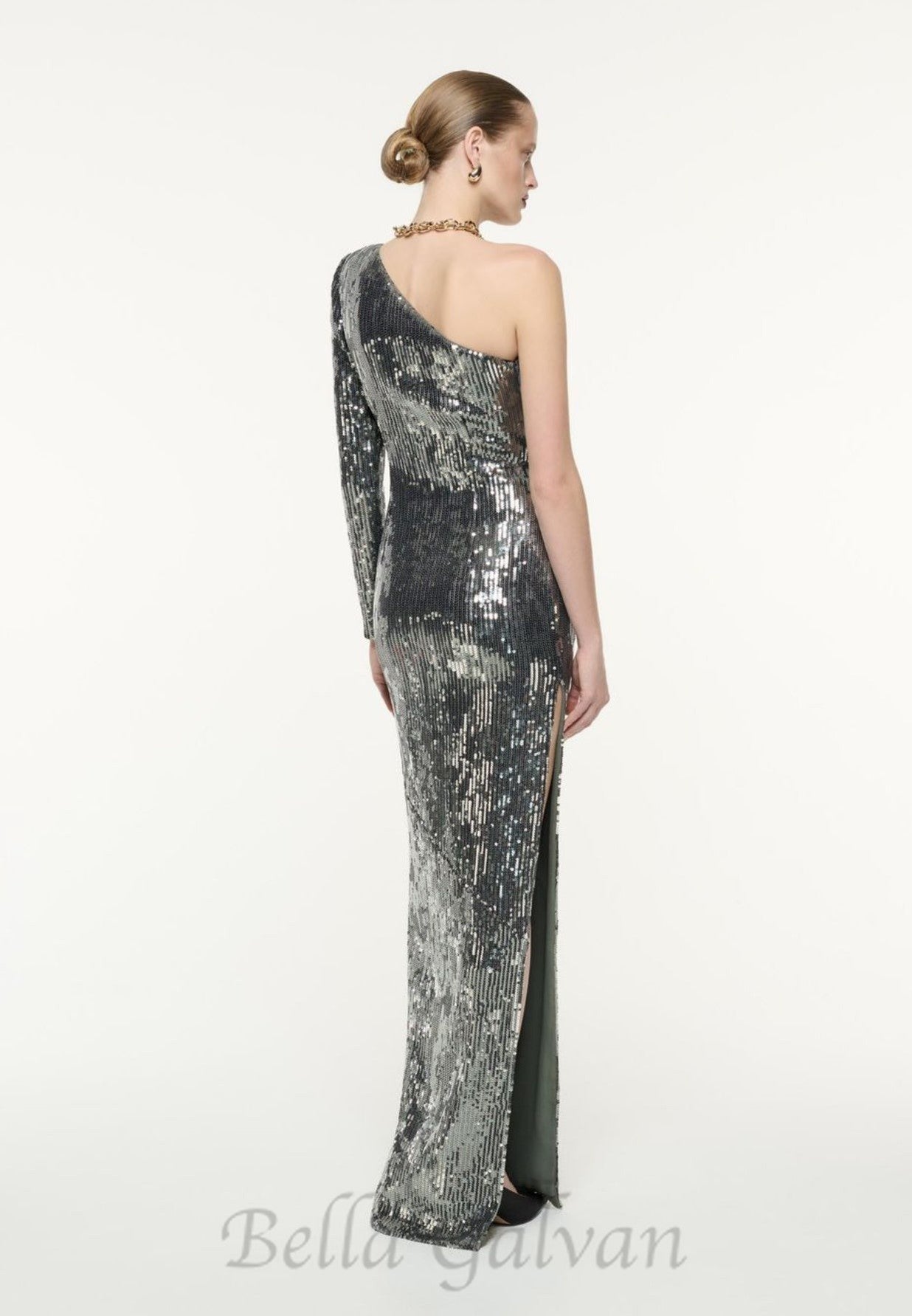 Flowering Girl Women Floral-appliqué sequin gown in silver