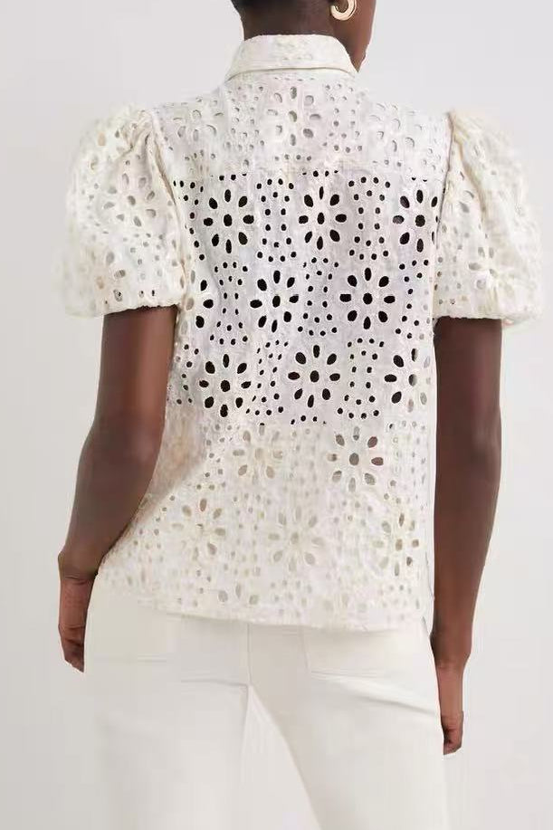 White Eyelet Embroidered Puff Sleeve Open Shirt