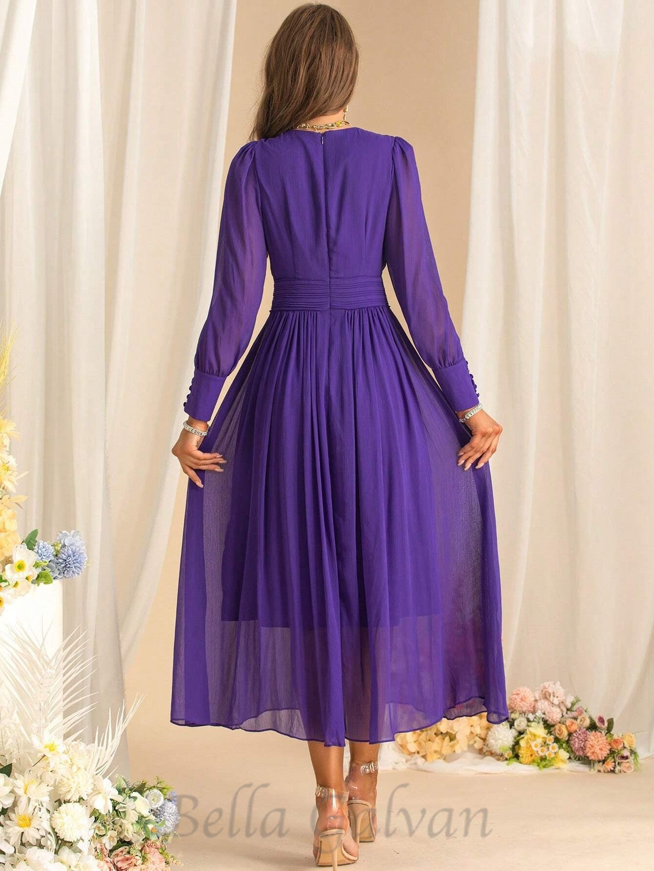 Flowering Girl Women three-dimensional flower v-neck purple chiffon maxi dress