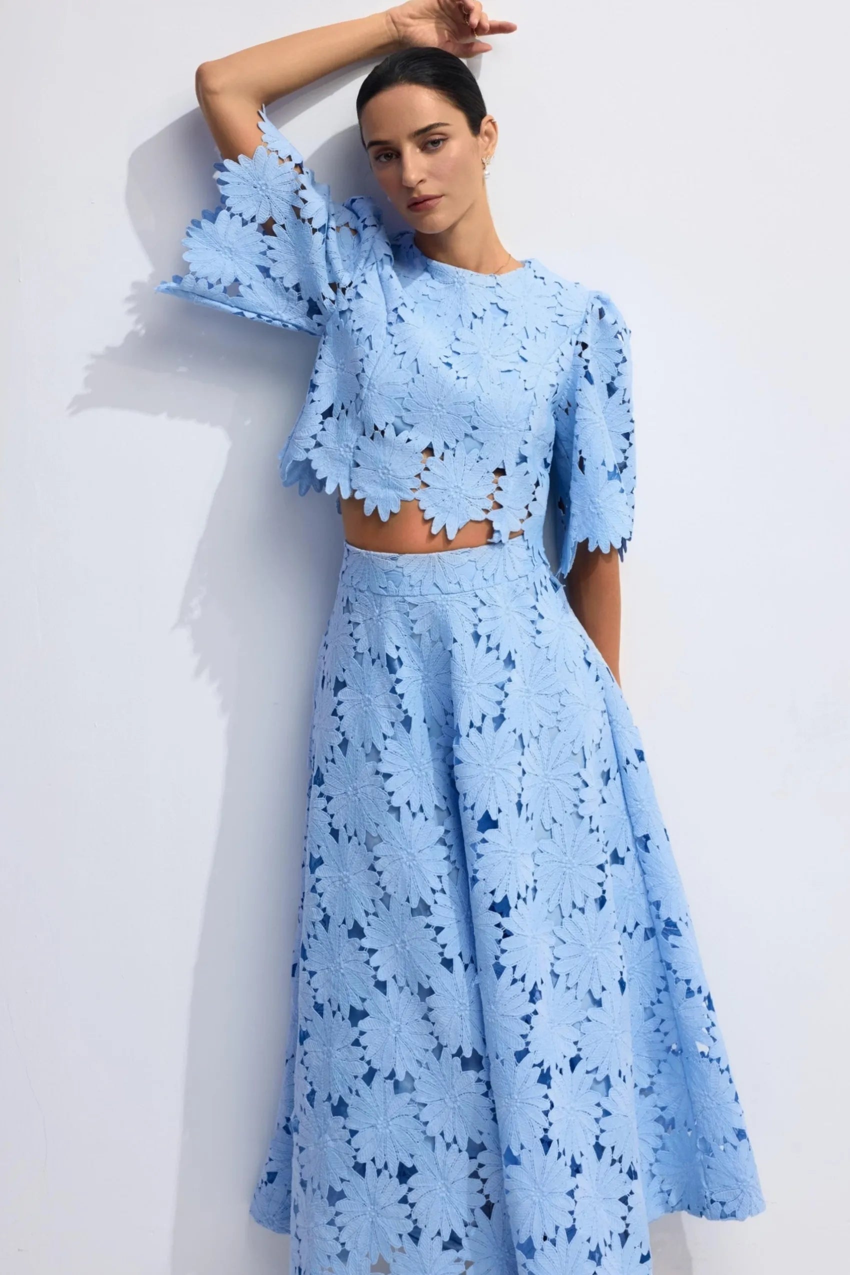 Flowering Girl Women Lace Embroidered Top & Maxi Skirt Two-Piece Set In Blue