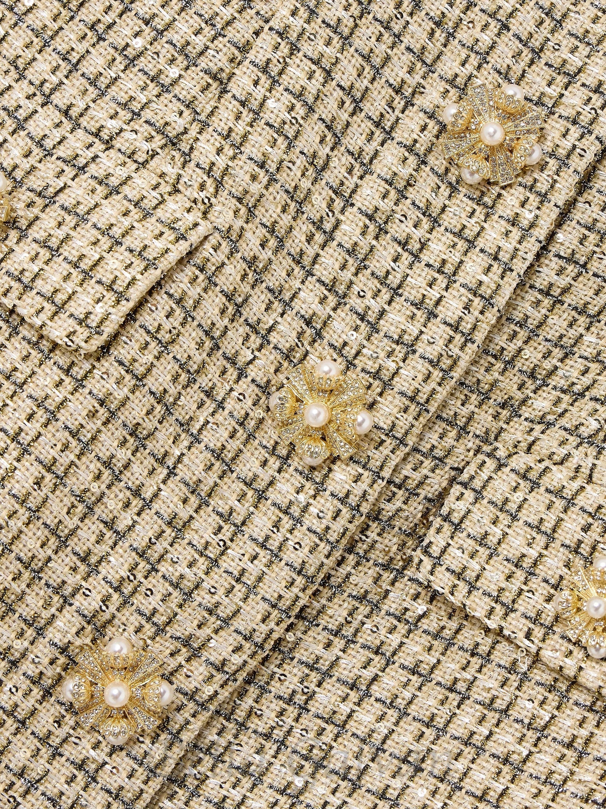 Flowering Girl Women Sequin-embellished checked metallic bouclé-tweed mini dress in gold