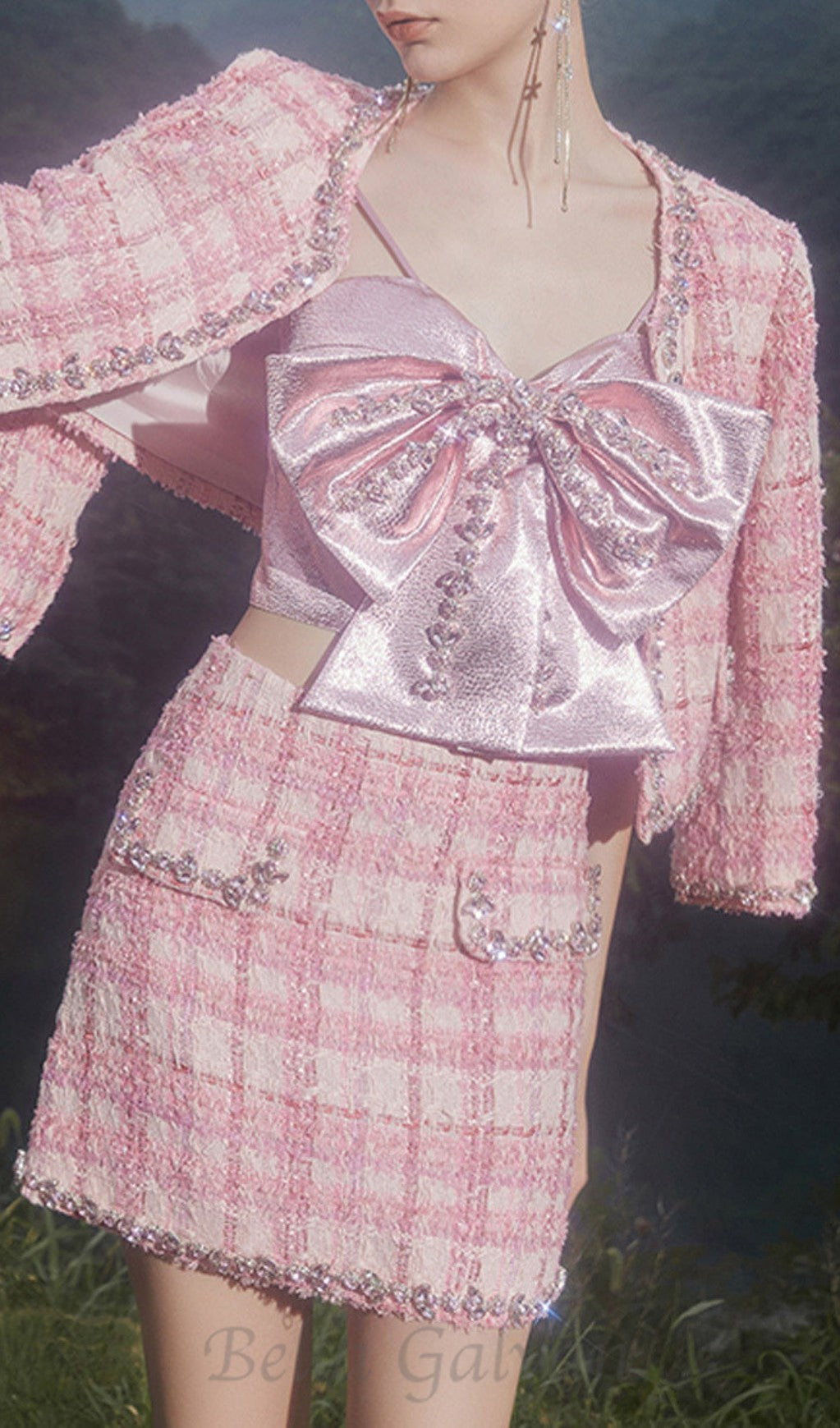 Flowering Girl Women bow rhinestone two-piece set in pink