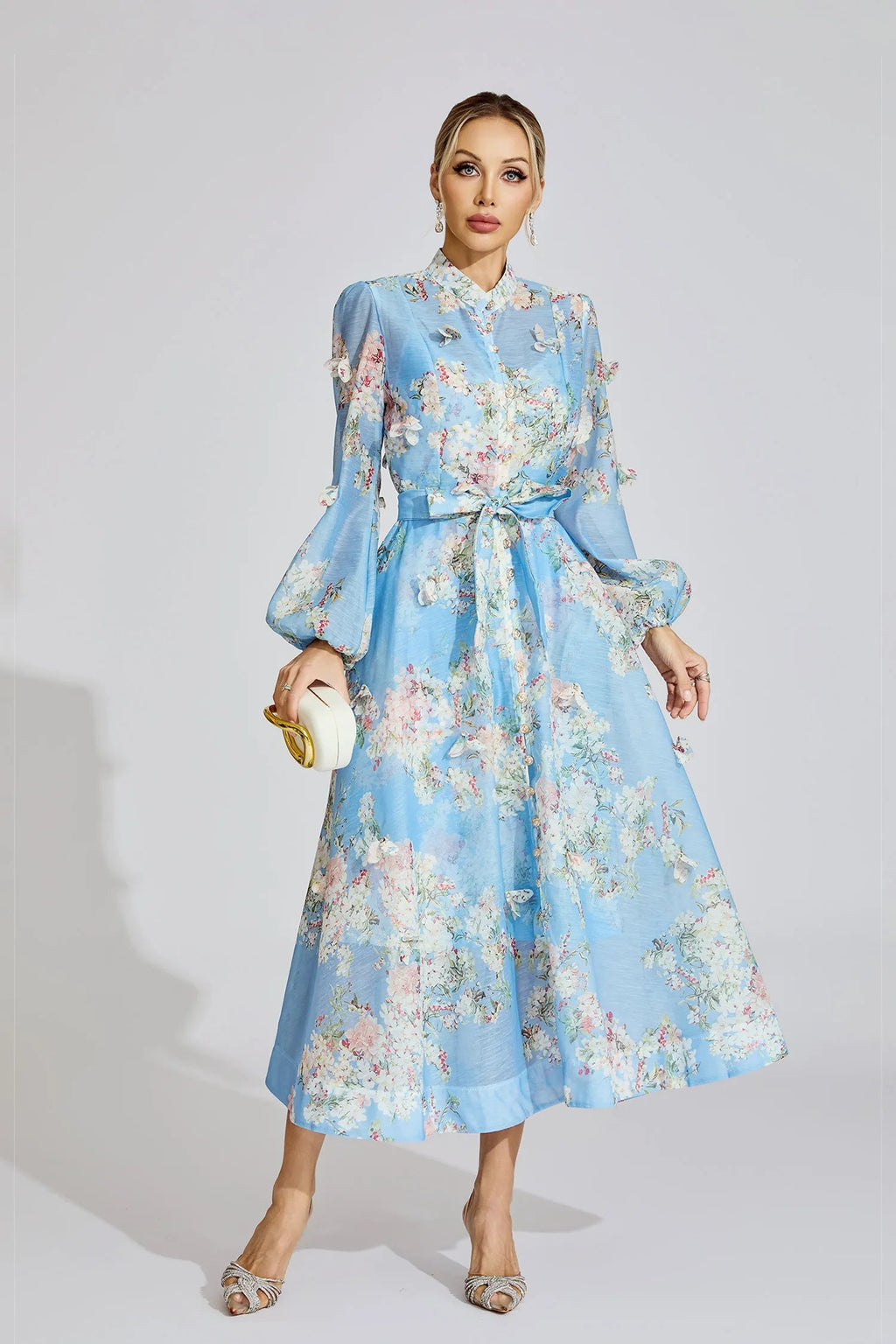 tiffany pale blue floral Printed puff sleeve Maxi Dress