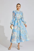 tiffany pale blue floral Printed puff sleeve Maxi Dress