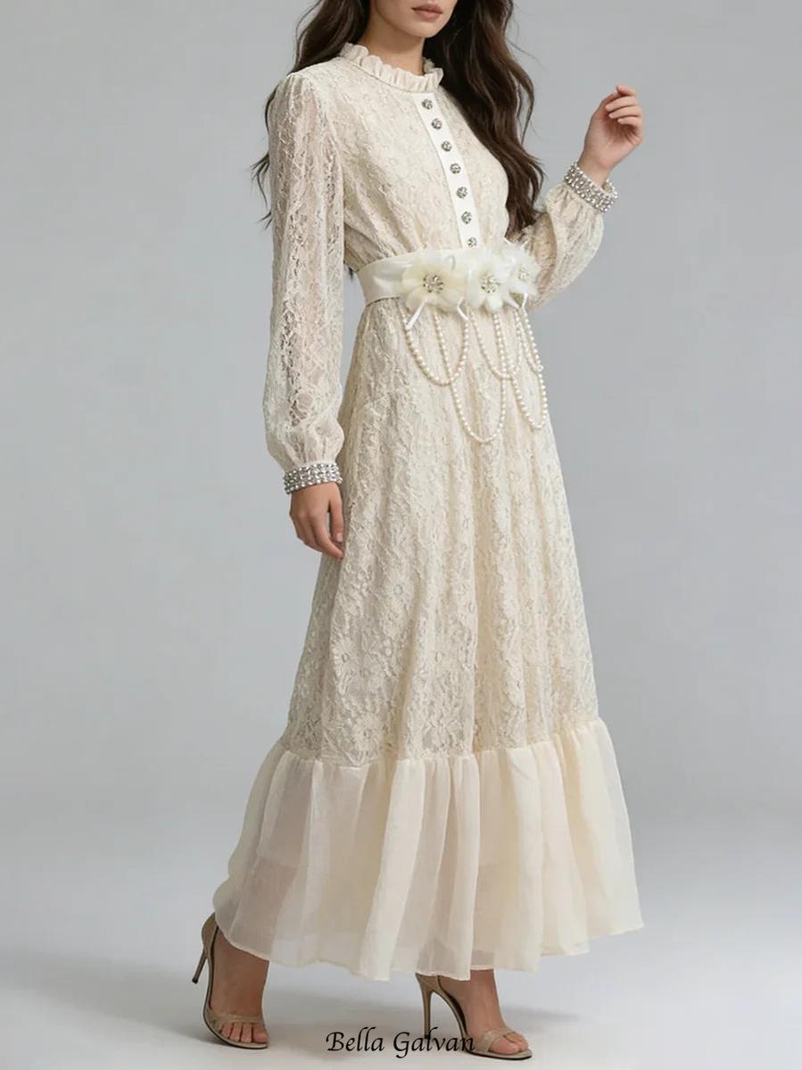deborah 3D floral tulle lace maxi dress in white