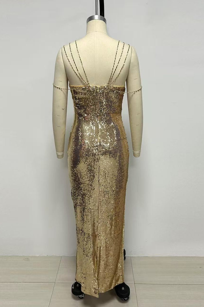 Sequin Rhinestone Strap Mermaid Maxi Gown