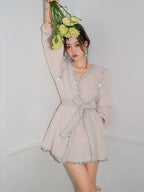 Beige V-Neck Long Sleeve Diamond Stud Coat