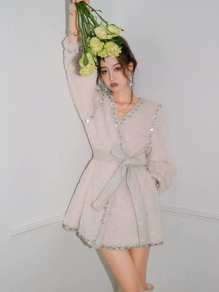 Flowering Girl Women Beige V-Neck Long Sleeve Diamond Stud Coat