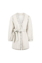 Flowering Girl Women Beige V-Neck Long Sleeve Diamond Stud Coat
