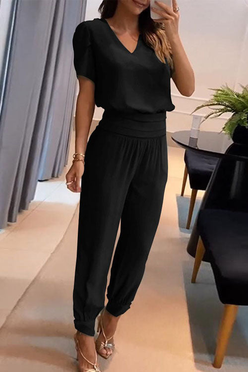 Flowering Girl Women Casual V-Neck Printed Short Sleeve Long Pants Two-Piece Set