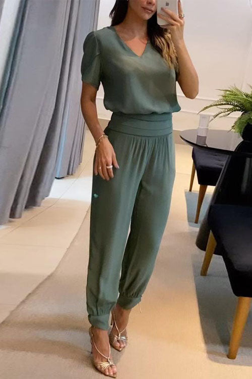 Flowering Girl Women Casual V-Neck Printed Short Sleeve Long Pants Two-Piece Set