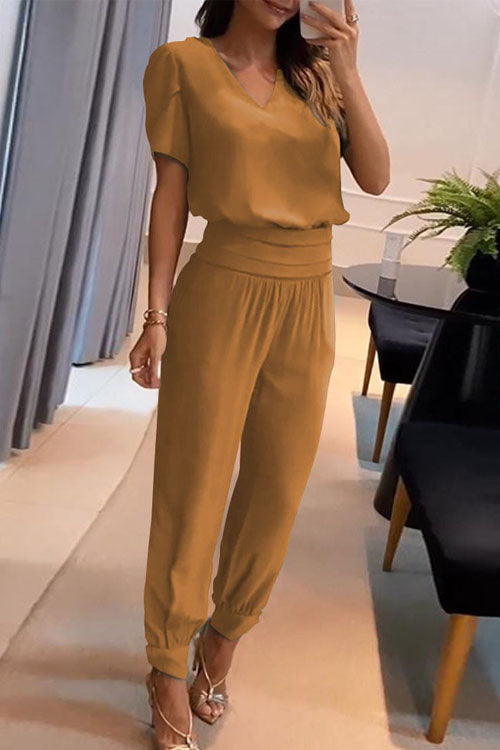 Flowering Girl Women Casual V-Neck Printed Short Sleeve Long Pants Two-Piece Set