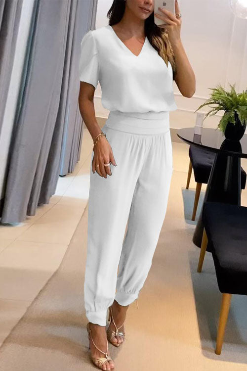Flowering Girl Women Casual V-Neck Printed Short Sleeve Long Pants Two-Piece Set