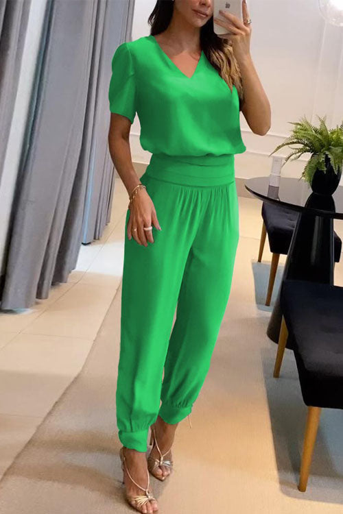 Flowering Girl Women Casual V-Neck Printed Short Sleeve Long Pants Two-Piece Set