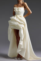 Flowering Girl Women Strapless 3D Floral High Low Satin Evening Gown