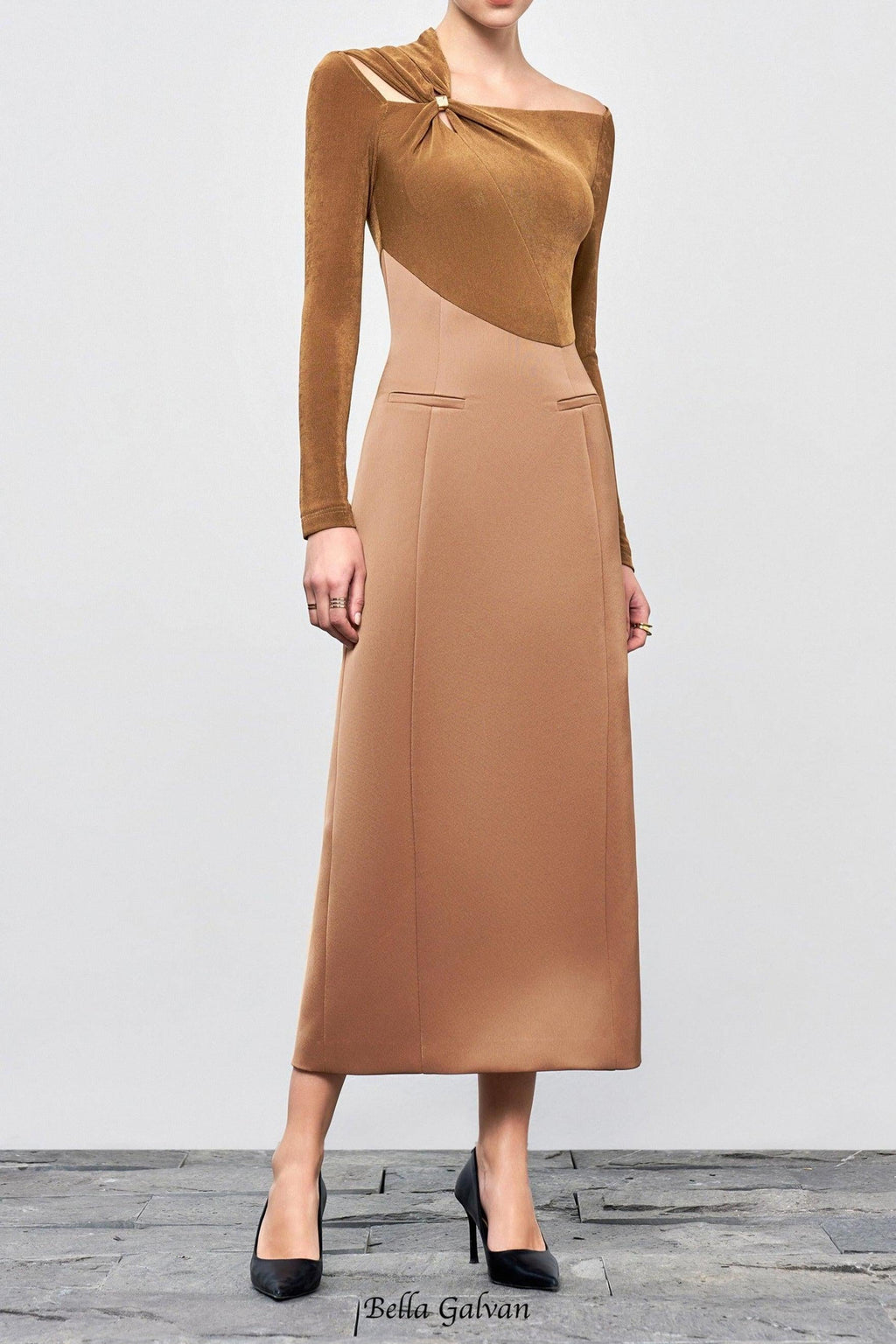 Flowering Girl Women Eleanor Sheath Asymmetric Neck Taffeta Midi Dress in brown