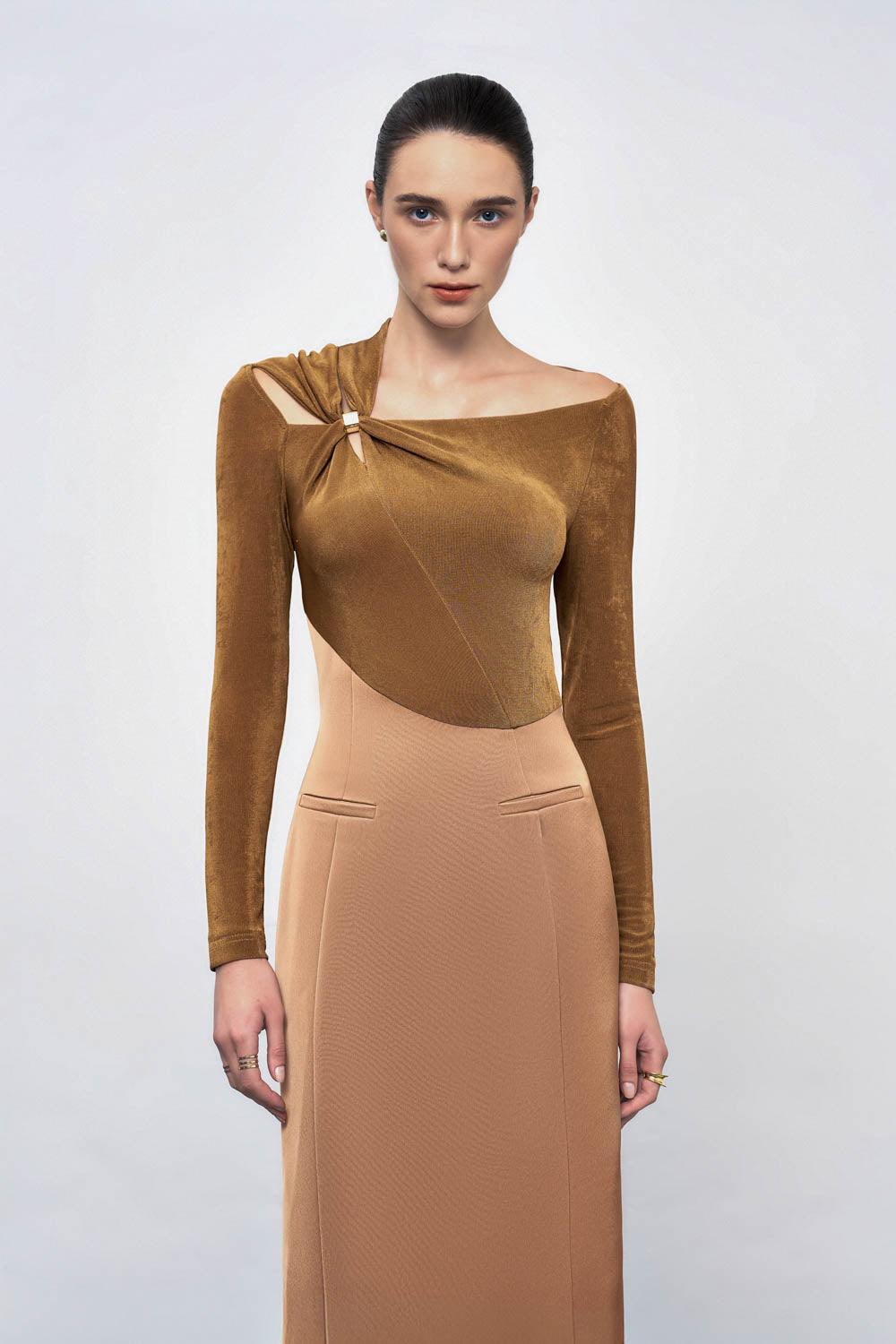 Flowering Girl Women Eleanor Sheath Asymmetric Neck Taffeta Midi Dress in brown