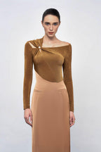 Flowering Girl Women Eleanor Sheath Asymmetric Neck Taffeta Midi Dress in brown