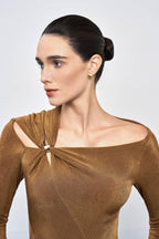Flowering Girl Women Eleanor Sheath Asymmetric Neck Taffeta Midi Dress in brown