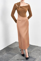 Flowering Girl Women Eleanor Sheath Asymmetric Neck Taffeta Midi Dress in brown