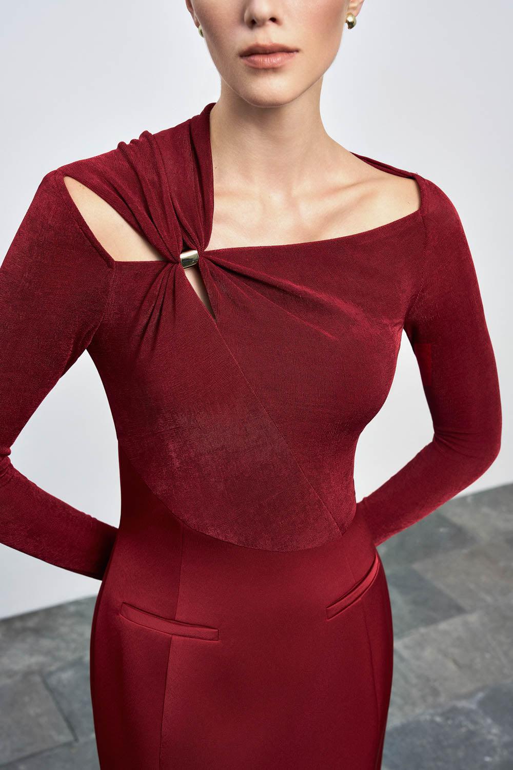 Flowering Girl Women Eleanor Sheath Asymmetric Neck Taffeta Midi Dress in red