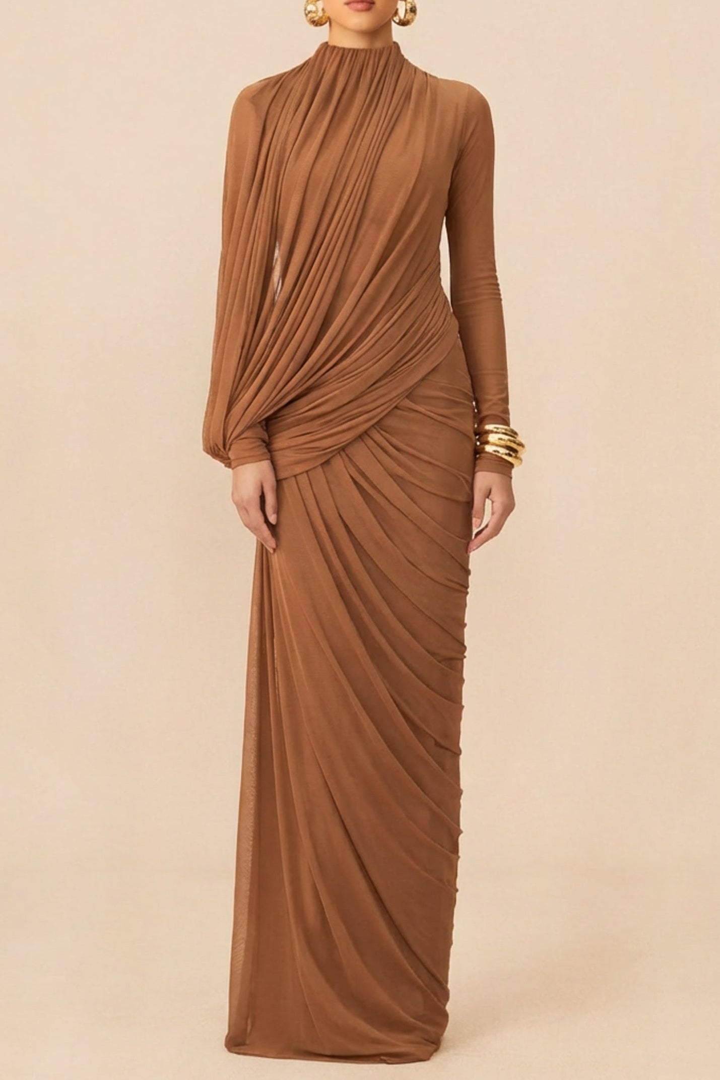 Flowering Girl Women Liz High Neck Asymmetric Drape Ruched Maxi Dress In Brown