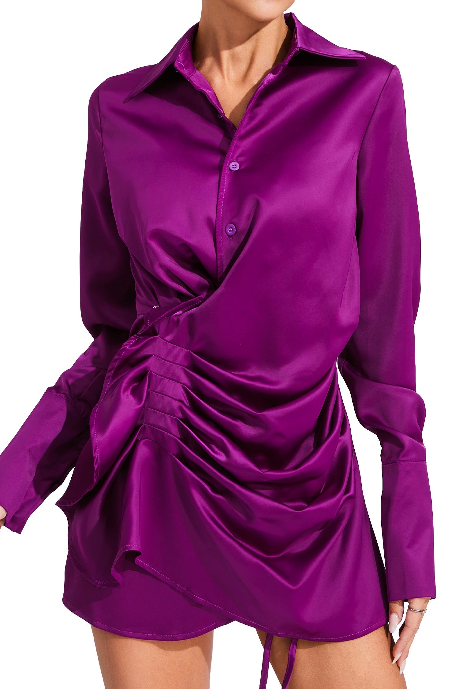 tiffany ruched satin shirt mini dress - purple