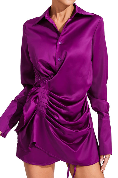 tiffany ruched satin shirt mini dress - purple