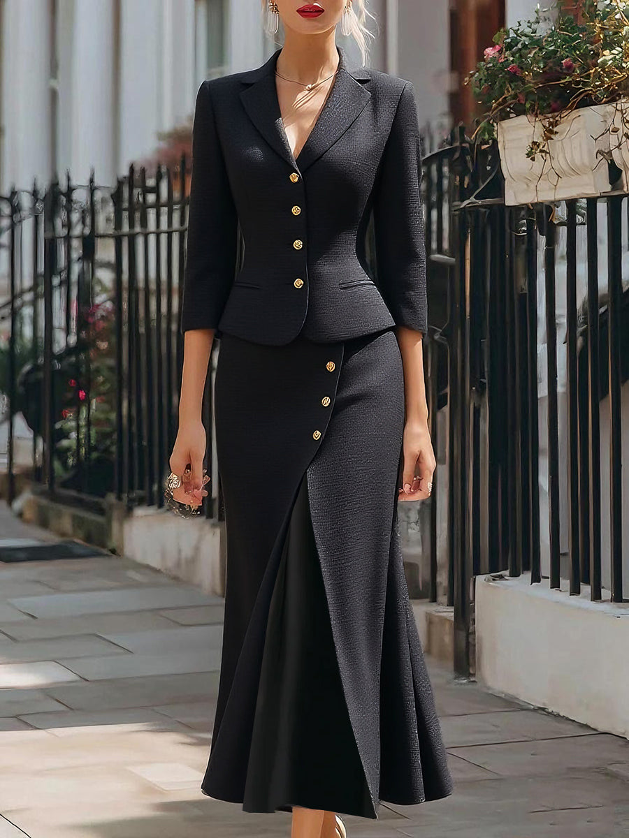 Flowering Girl Women Elegant Textured Buttoned Blazer & Midi Skirt Set