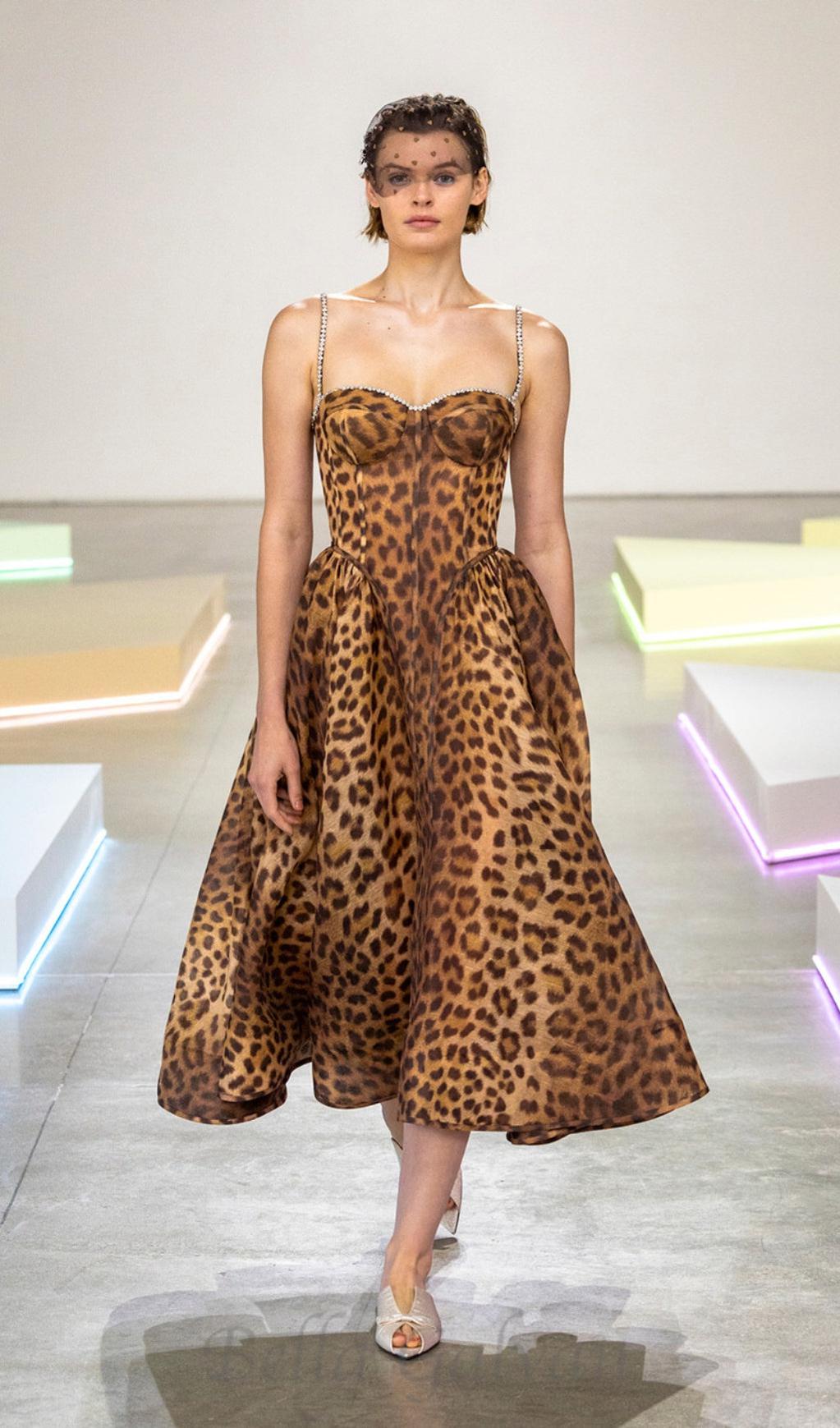 Flowering Girl Women Animal Print Crystal Bustier A Line Midi Dress