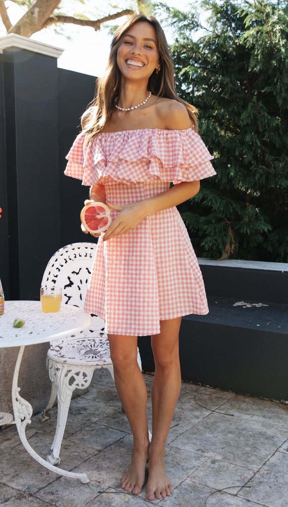 Flowering Girl Women Off Shoulder ruffle Plaid mini Dress - pink