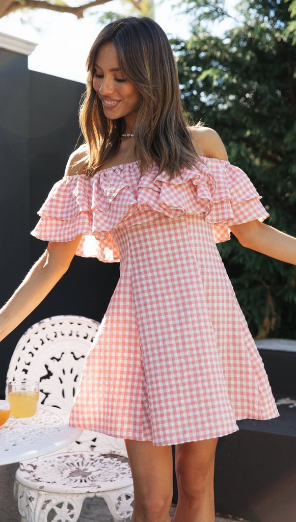 Flowering Girl Women Off Shoulder ruffle Plaid mini Dress - pink
