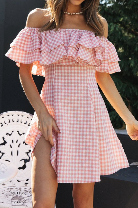 Flowering Girl Women Off Shoulder ruffle Plaid mini Dress - pink