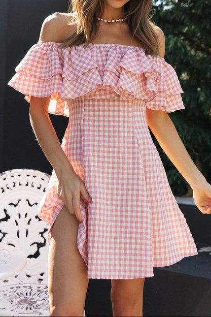 Off Shoulder ruffle Plaid mini Dress - pink