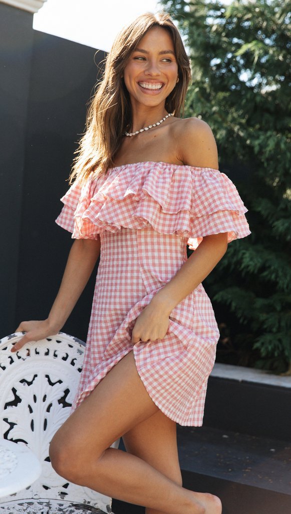 Flowering Girl Women Off Shoulder ruffle Plaid mini Dress - pink