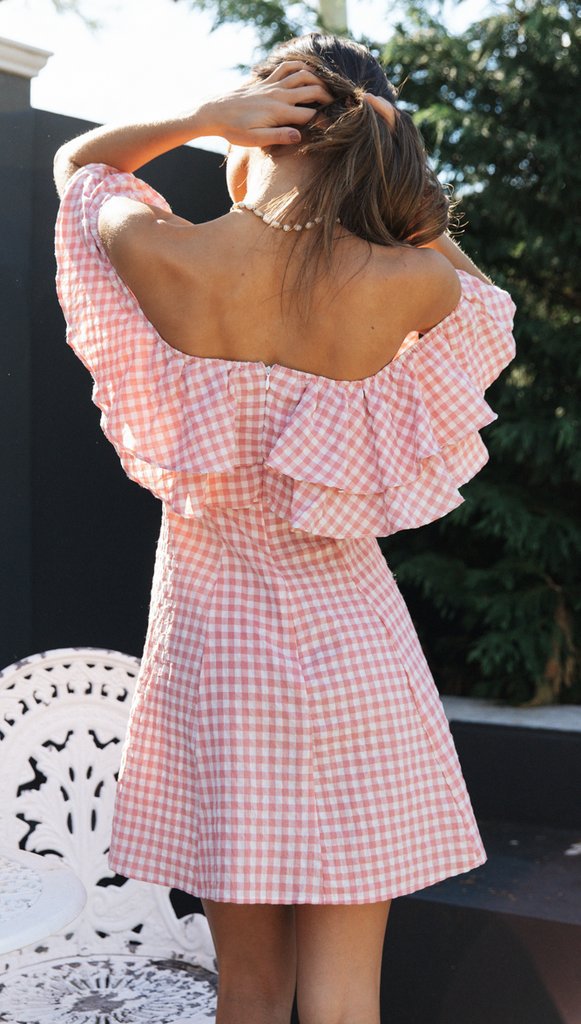 Flowering Girl Women Off Shoulder ruffle Plaid mini Dress - pink