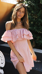 Flowering Girl Women Off Shoulder ruffle Plaid mini Dress - pink