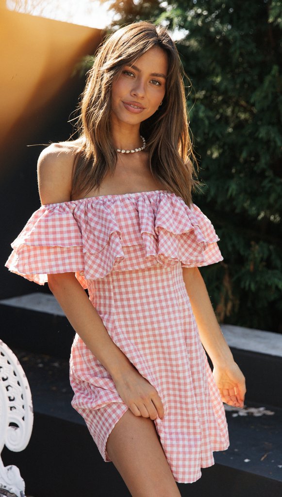 Flowering Girl Women Off Shoulder ruffle Plaid mini Dress - pink
