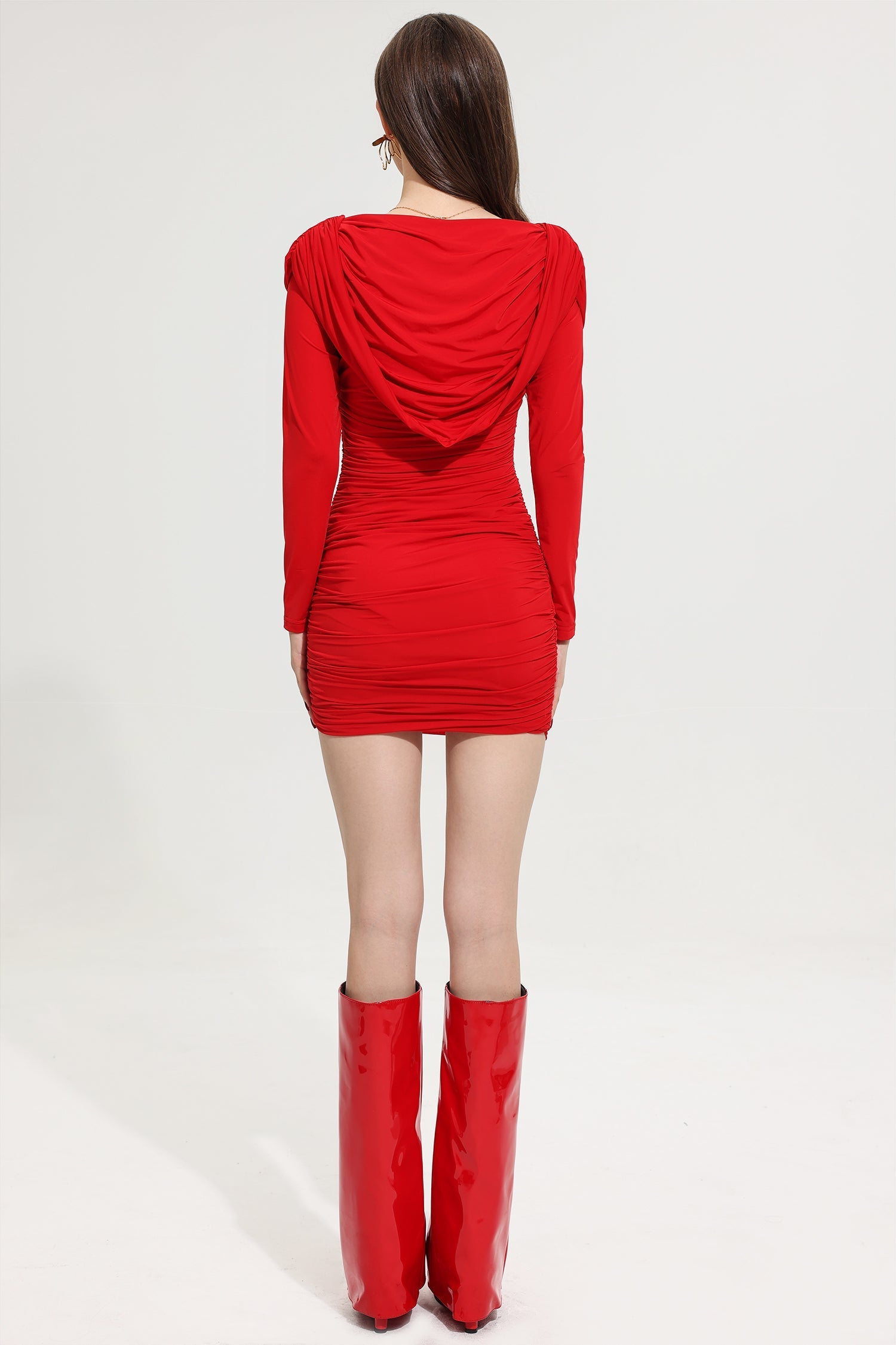 Flowering Girl Women Hooded Pleated Mini Dress Red