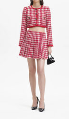 RED CHECK BOUCLE PLEATED MINI SKIRT