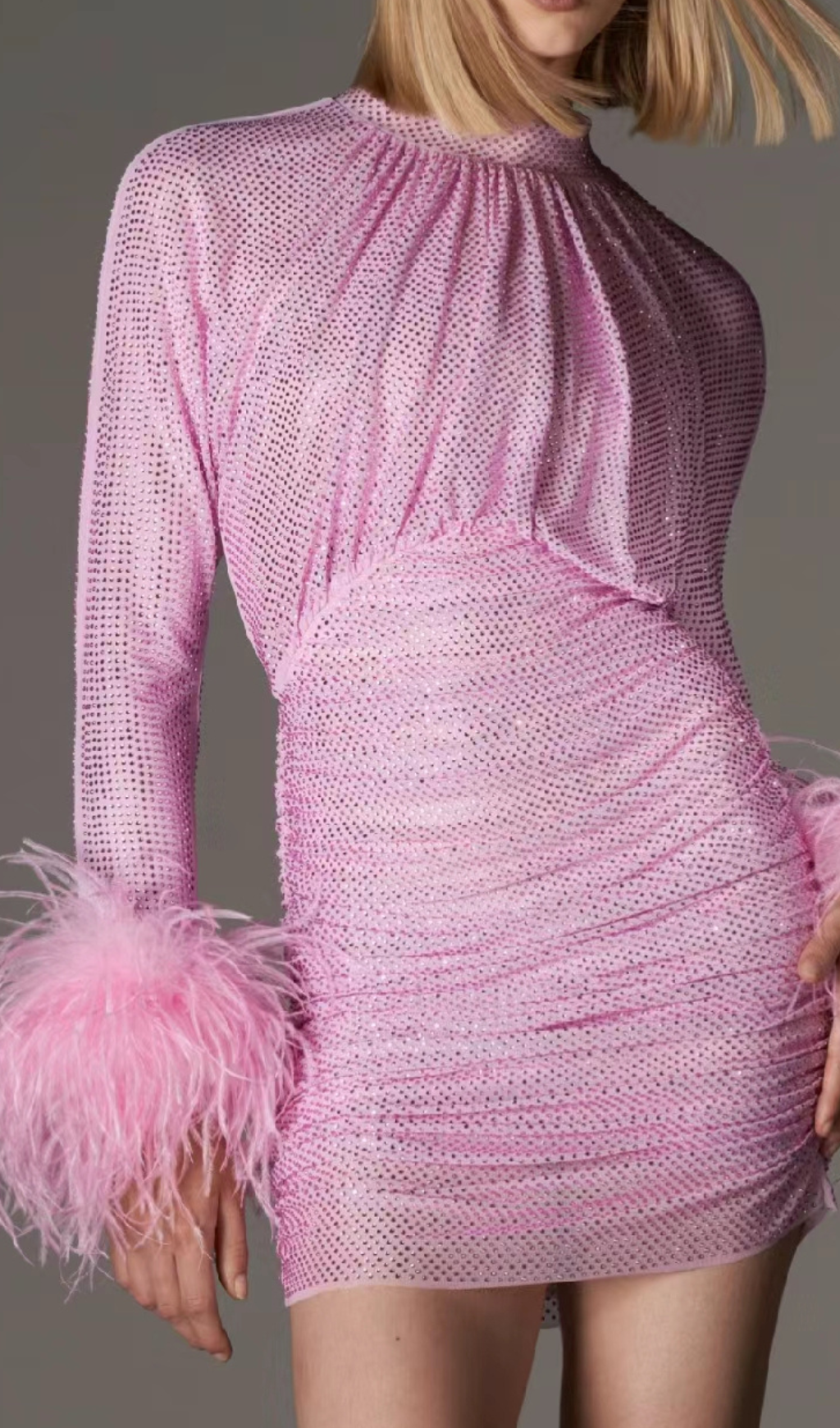 Flowering Girl Women Pink Rhinestone Feather Mini Dress