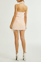 tara feather-detail tassel halter backless dress in pink