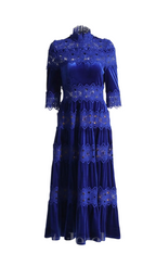 Flowering Girl Women Hollow Patchwork Velvet Dress In Blue