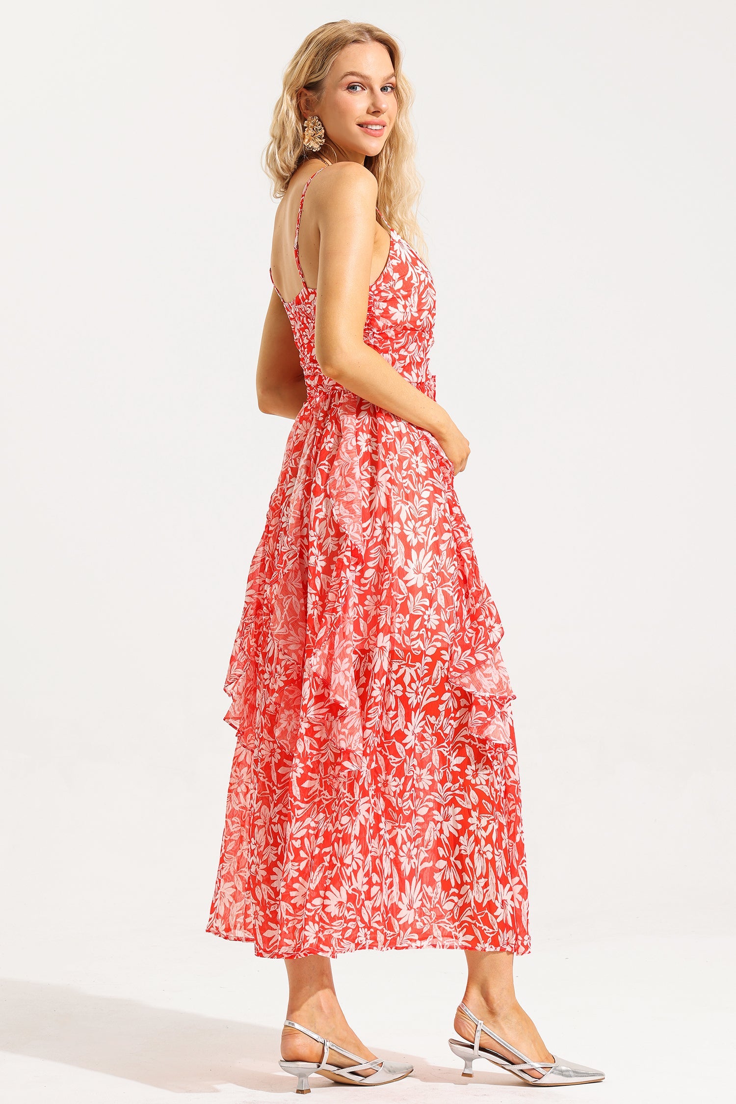 Flowering Girl Women Floral Ruched Ruffle Cami Maxi Dress