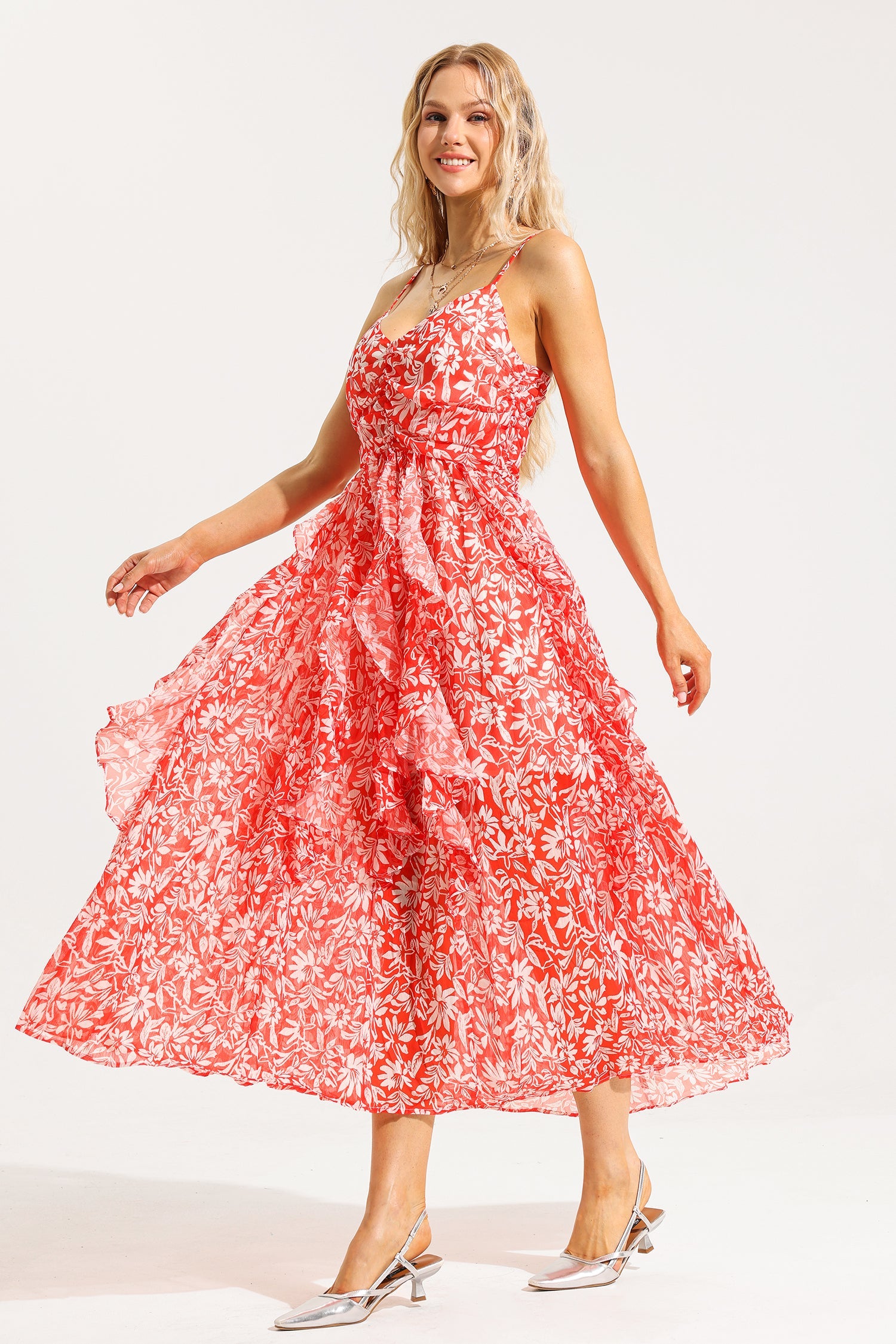 Flowering Girl Women Floral Ruched Ruffle Cami Maxi Dress