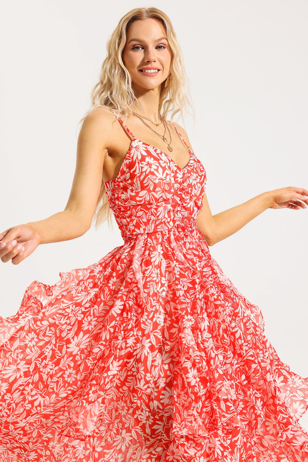 Flowering Girl Women Floral Ruched Ruffle Cami Maxi Dress