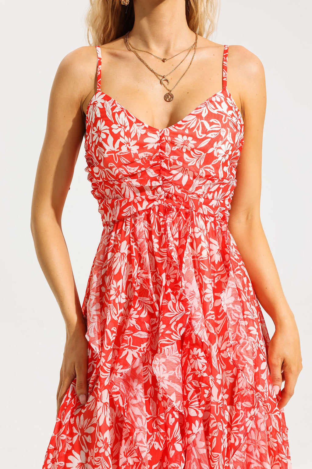 Flowering Girl Women Floral Ruched Ruffle Cami Maxi Dress